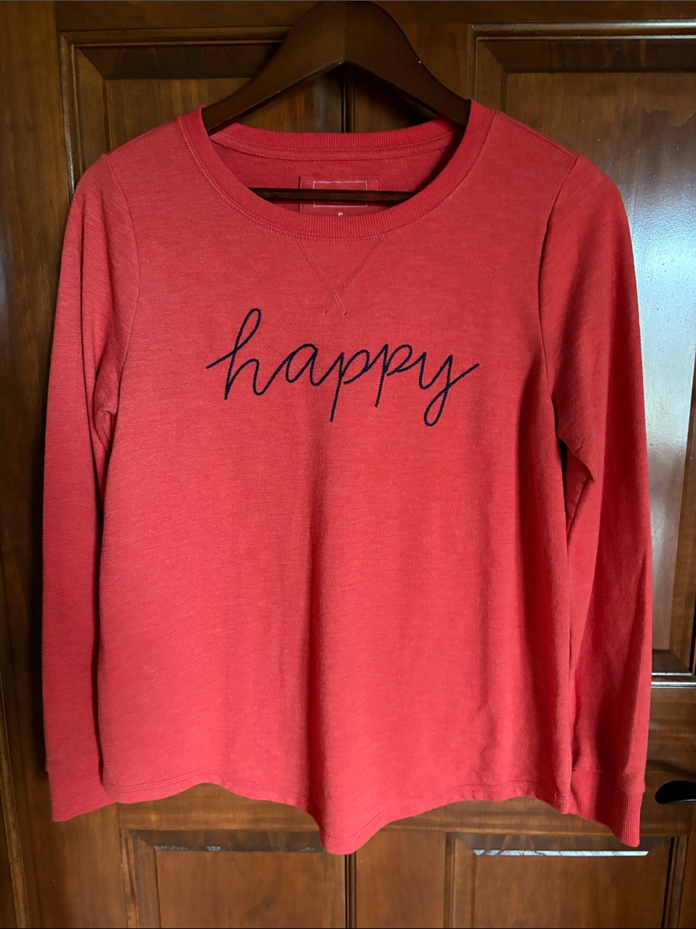Vibrant Orange w/ Navy "happy" Script Longsleeve Crewneck Top- Women's Small